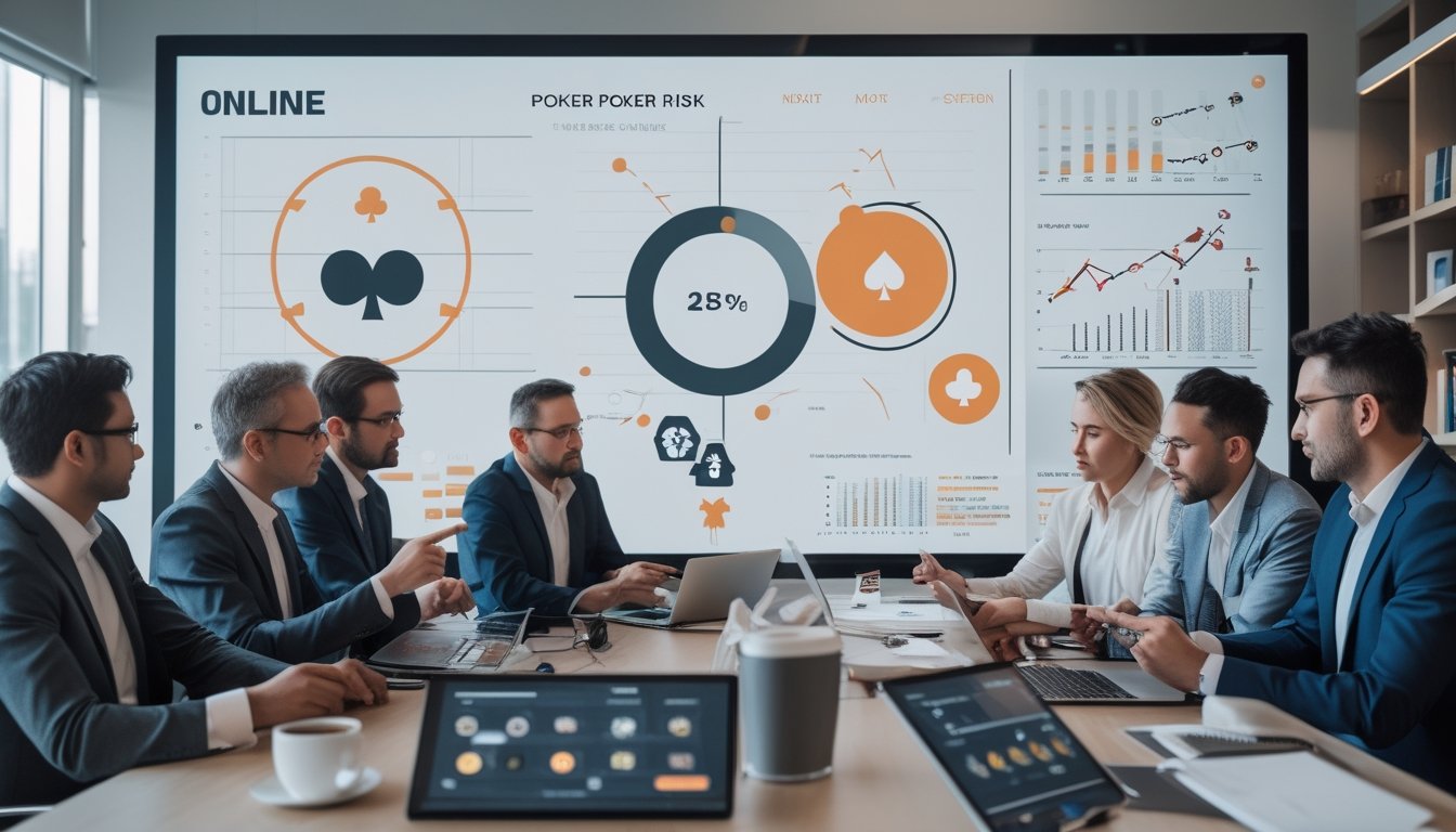 Sekelompok orang sedang berdiskusi serius di ruang kantor dengan layar digital yang menampilkan grafik dan ikon poker, menggunakan laptop dan perangkat elektronik di atas meja.