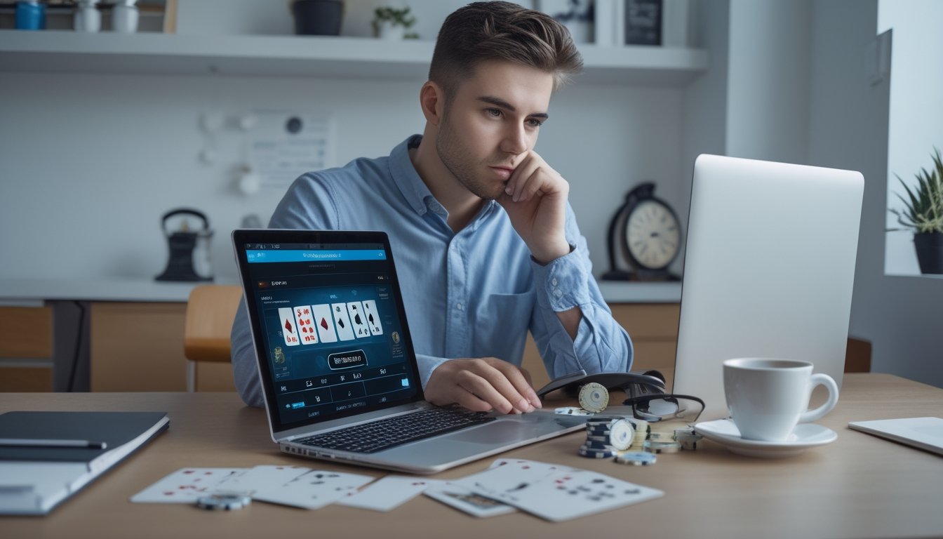Seorang dewasa muda duduk di depan laptop dengan kartu poker dan chip di meja, tampak fokus dan sedang merencanakan strategi permainan poker online.