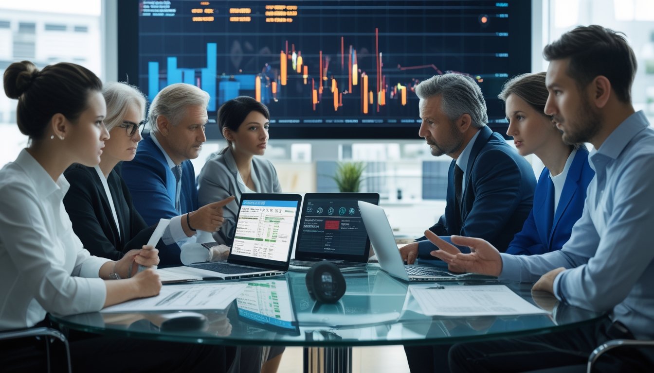 Sekelompok orang dewasa serius duduk di meja kantor dengan dokumen dan perangkat elektronik yang menampilkan data keuangan dan aplikasi taruhan online.