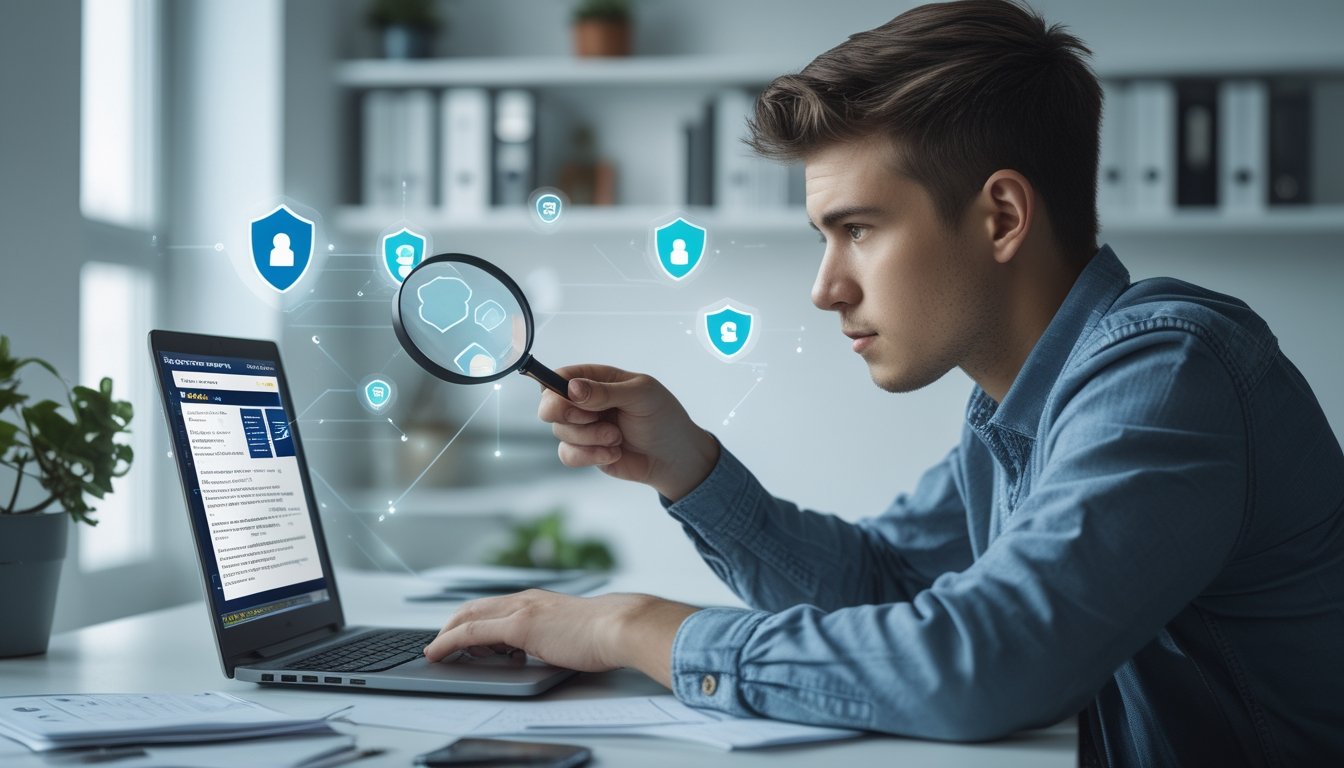 Seseorang duduk di meja dengan laptop, menggunakan kaca pembesar untuk memeriksa layar komputer, dengan ikon keamanan digital mengambang di sekitar layar.