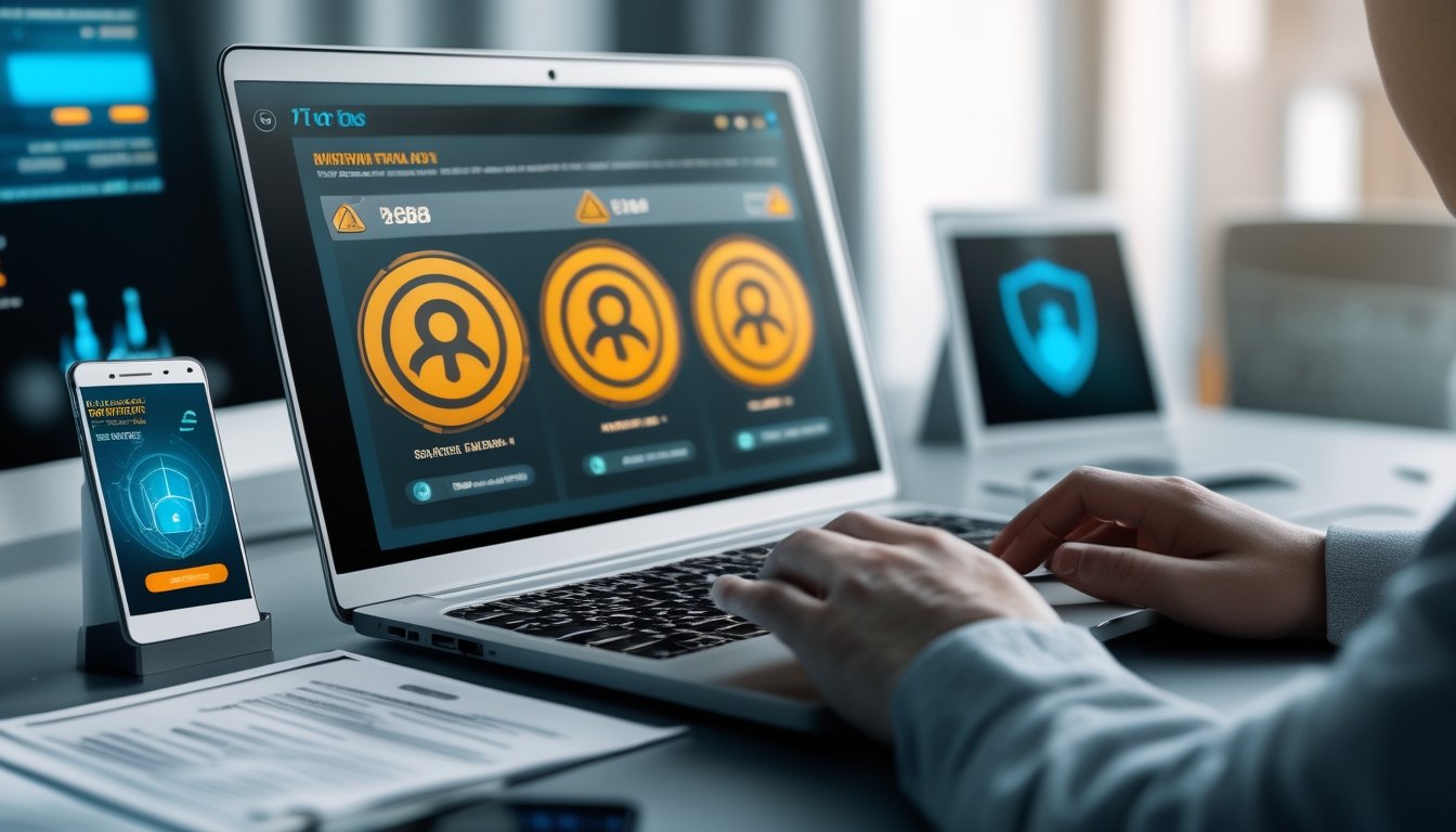 Seseorang bekerja di depan laptop dengan peringatan keamanan digital, di meja terdapat ponsel dan dokumen, menggambarkan bahaya situs taruhan online palsu.