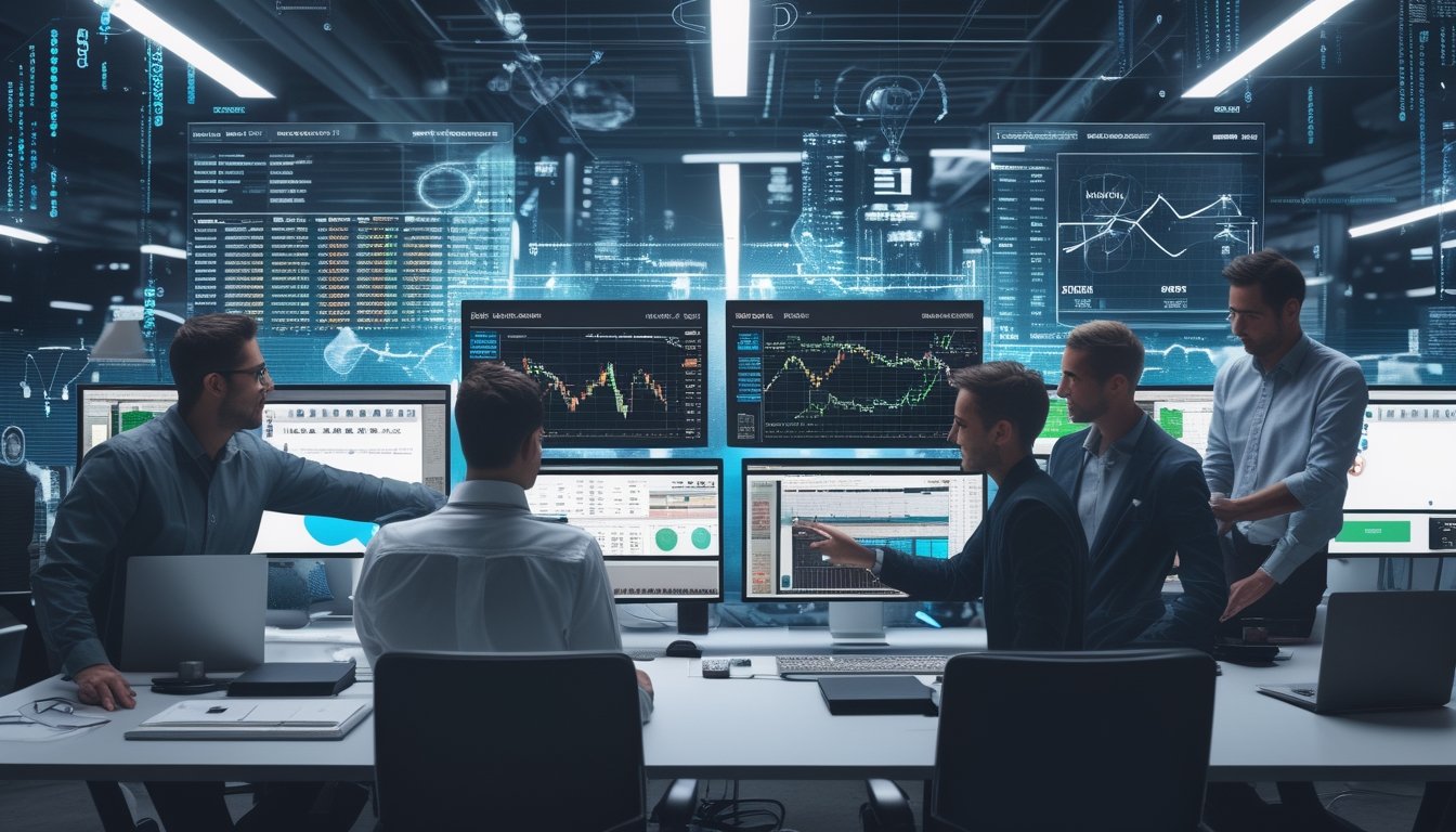 Sejumlah profesional bekerja bersama di ruang kerja modern dengan beberapa layar komputer yang menampilkan data dan grafik terkait teknologi platform taruhan online.