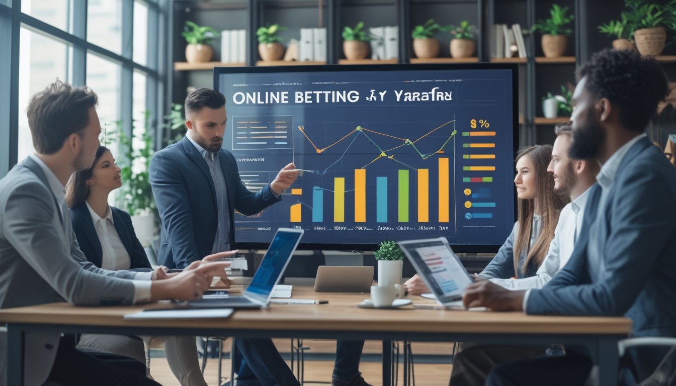 Sekelompok profesional sedang menganalisis grafik dan data tren taruhan online di sebuah kantor modern.