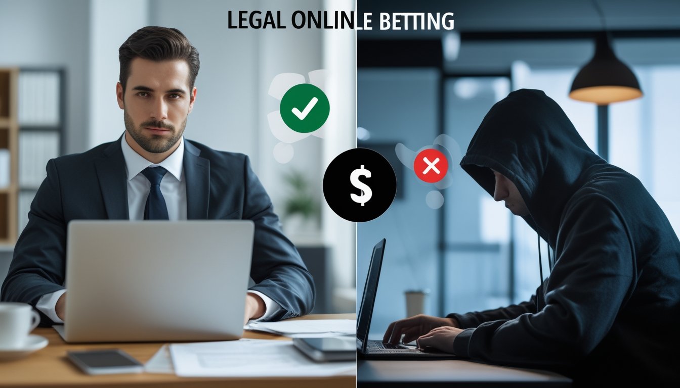 Dua orang menggunakan laptop, satu di kantor terang dan profesional, satu lagi di ruangan gelap dengan penampilan mencurigakan, menggambarkan perbedaan taruhan online legal dan ilegal.