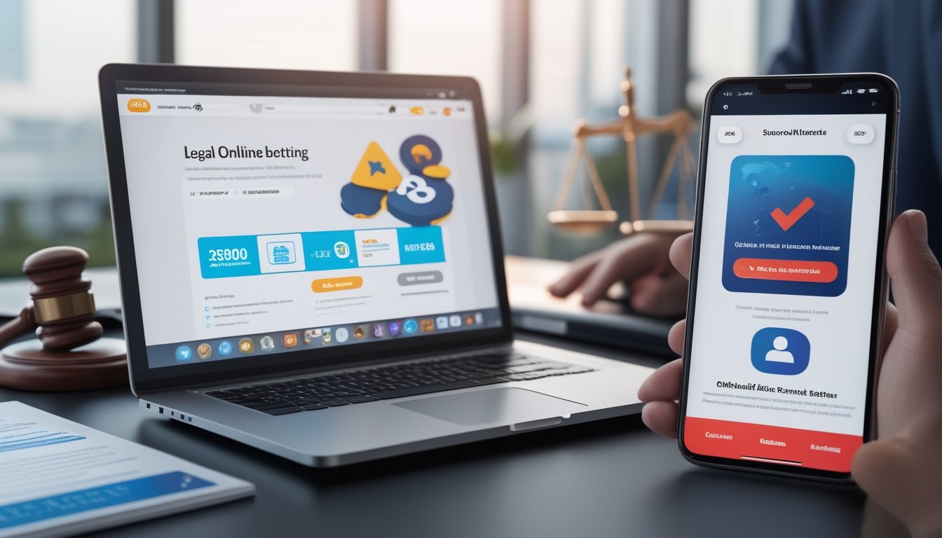 Meja kerja dengan laptop yang menampilkan situs taruhan online legal dan ponsel yang menunjukkan aplikasi taruhan ilegal, dengan latar belakang dokumen hukum dan palu hakim.