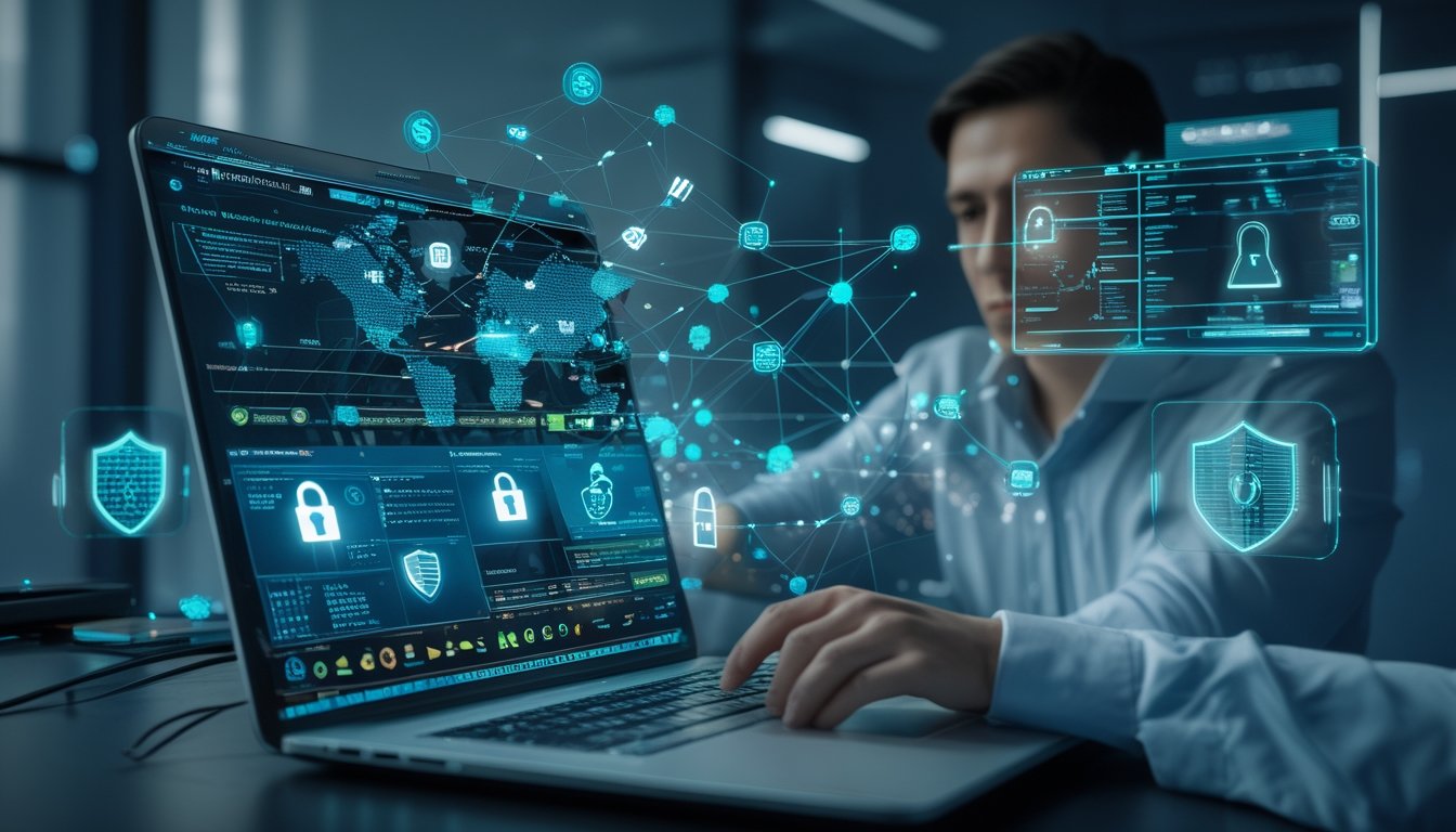 Seorang profesional bekerja dengan laptop yang menampilkan jaringan keamanan data dan ikon kunci di lingkungan teknologi modern.