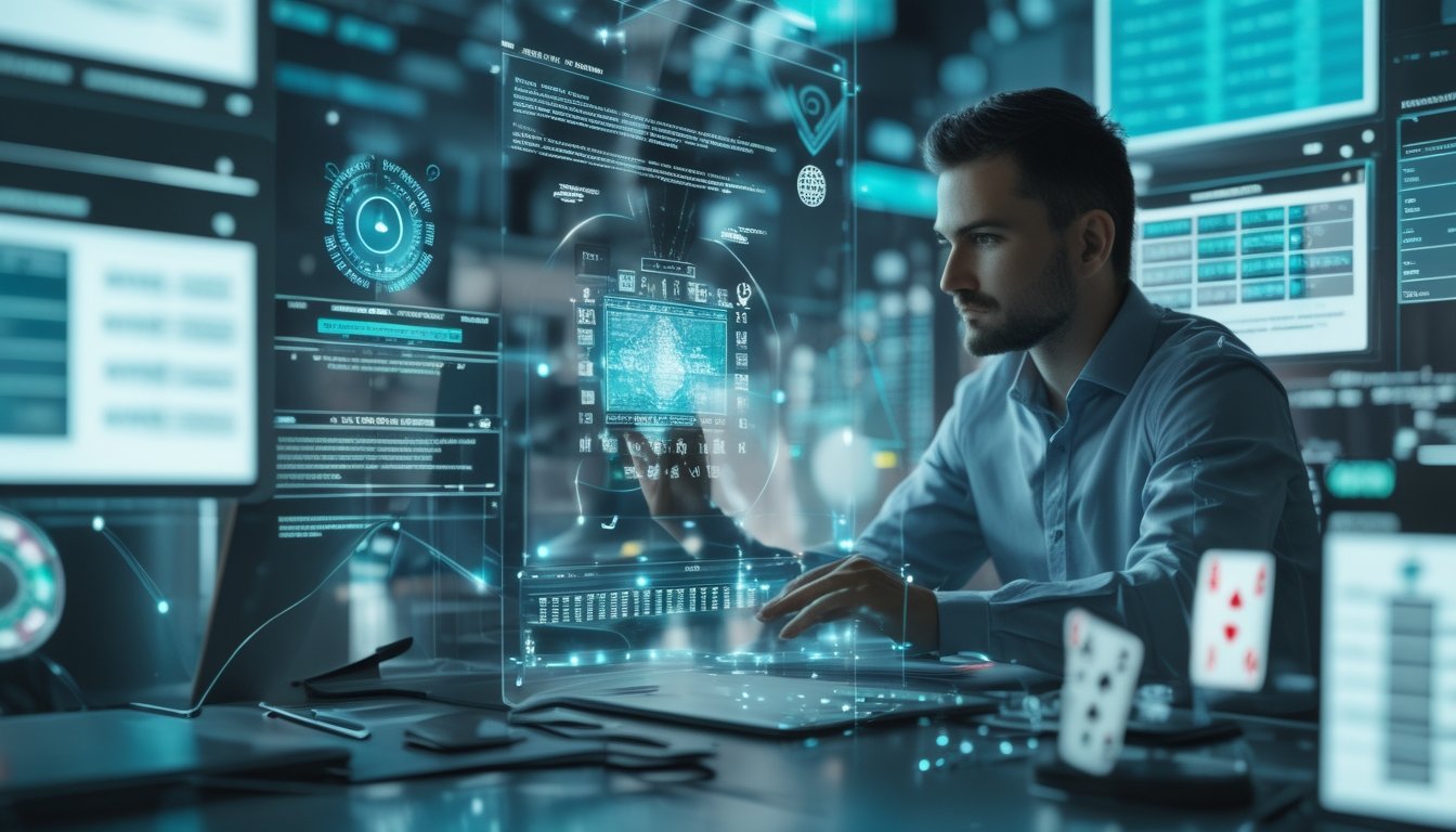 Seorang ahli keamanan siber sedang menganalisis ancaman terhadap platform taruhan online dengan layar holografik dan simbol taruhan digital di latar belakang.
