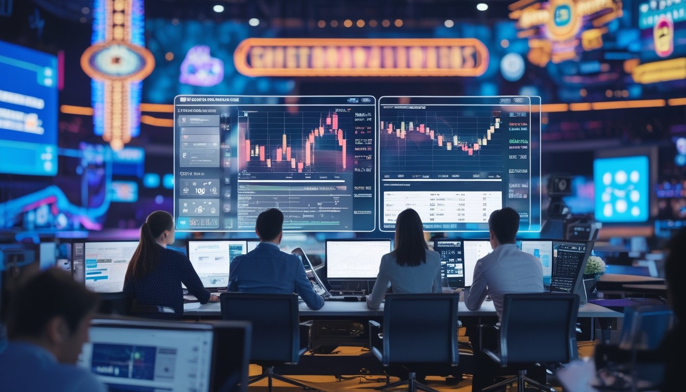 Beberapa profesional sedang menganalisis data digital di kantor modern dengan latar belakang elemen industri hiburan seperti panggung konser dan ikon permainan digital.
