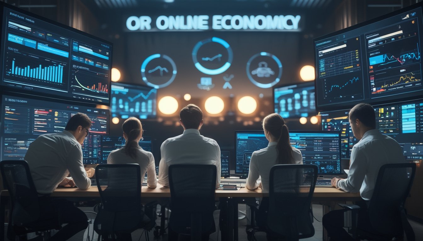 Sejumlah profesional sedang menganalisis data keuangan di kantor modern dengan layar digital besar dan latar belakang yang menunjukkan elemen industri hiburan.
