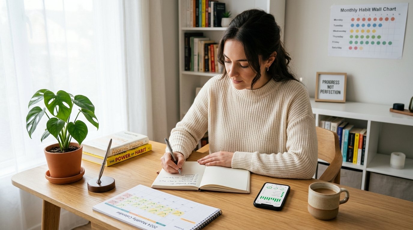 A person sitting at a desk writing in a notebook with a smartphone nearby, surrounded by a plant, calendar, and coffee cup.
