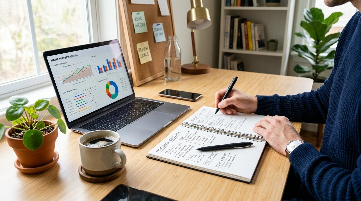 A bright workspace with a notebook, laptop showing charts, coffee cup, and hands writing, symbolizing planning and building good habits.