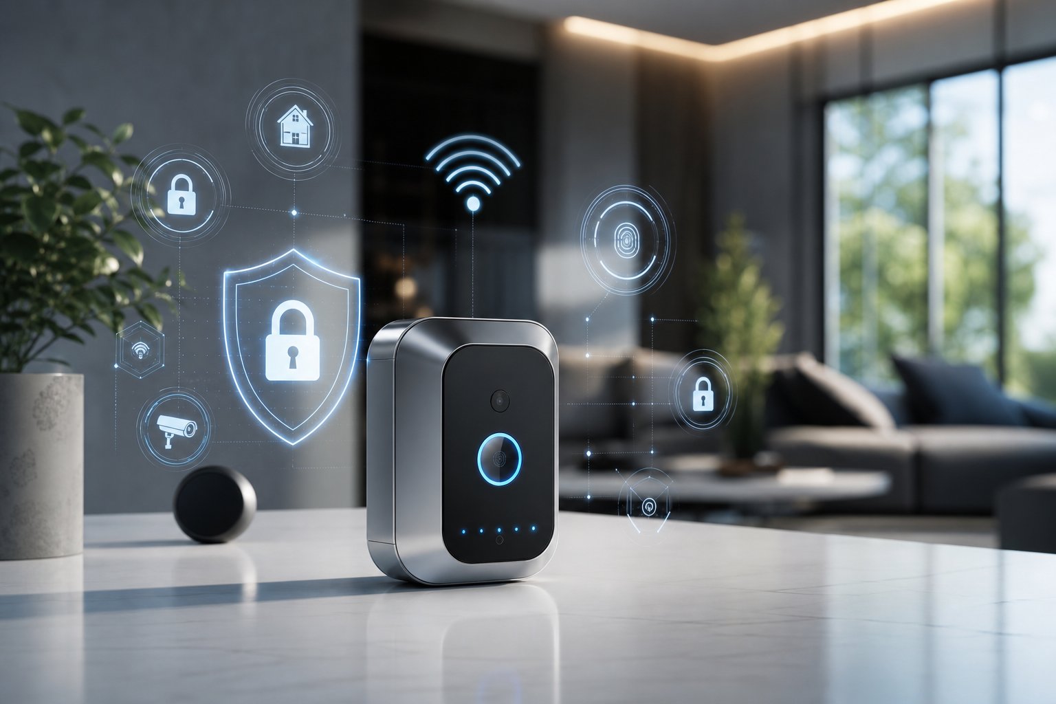 A modern smart security device with digital security icons in a clean home or office setting.