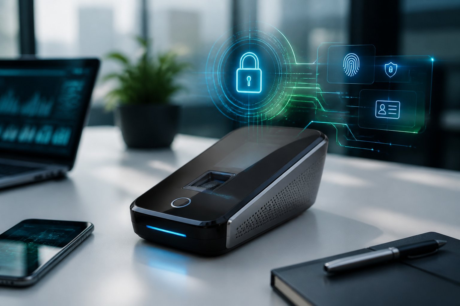 SmarTrack S7 3 A modern workspace with a sleek smart device on a desk surrounded by digital security and technology visuals.