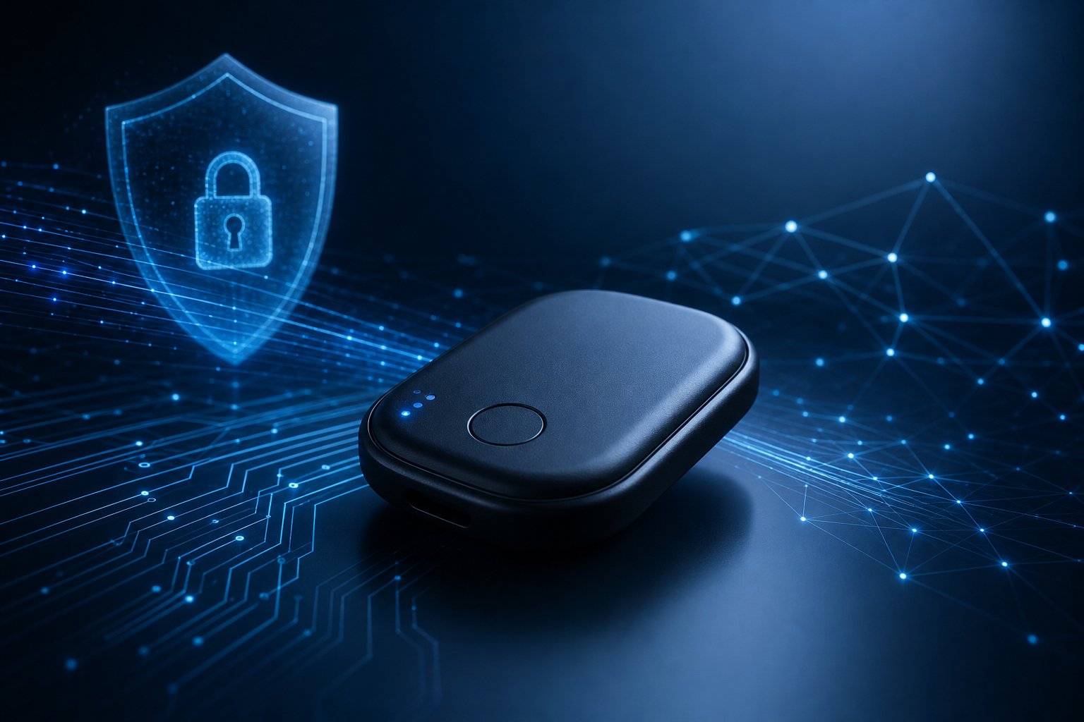 Scorpion Quantum Wireless Tracker 6 A wireless tracking device on a reflective surface surrounded by digital circuit lines and holographic data streams representing advanced security technology.