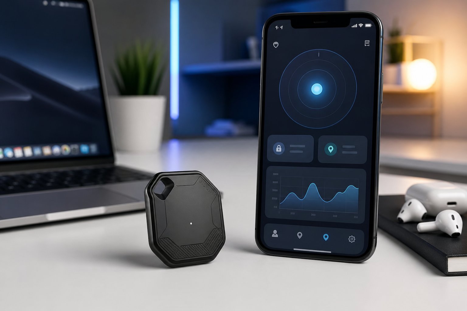 Scorpion Quantum Wireless Tracker 8 A close-up of a wireless tracking device on a desk next to a smartphone showing an app interface, with a laptop and wireless earbuds in the background.