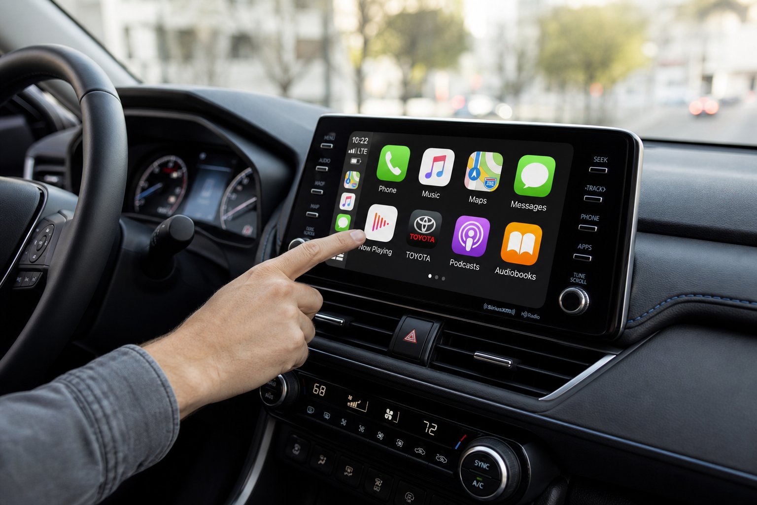 A hand interacting with a touchscreen in a modern car interior showing a connected infotainment system.