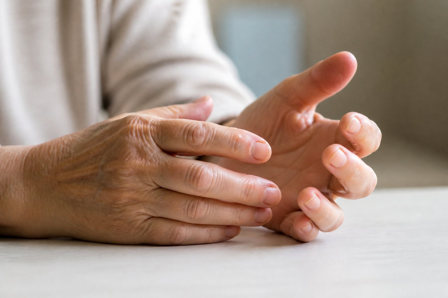 Close-up of a pair of adult hands resting on a surface, showing signs of weakness or fatigue.