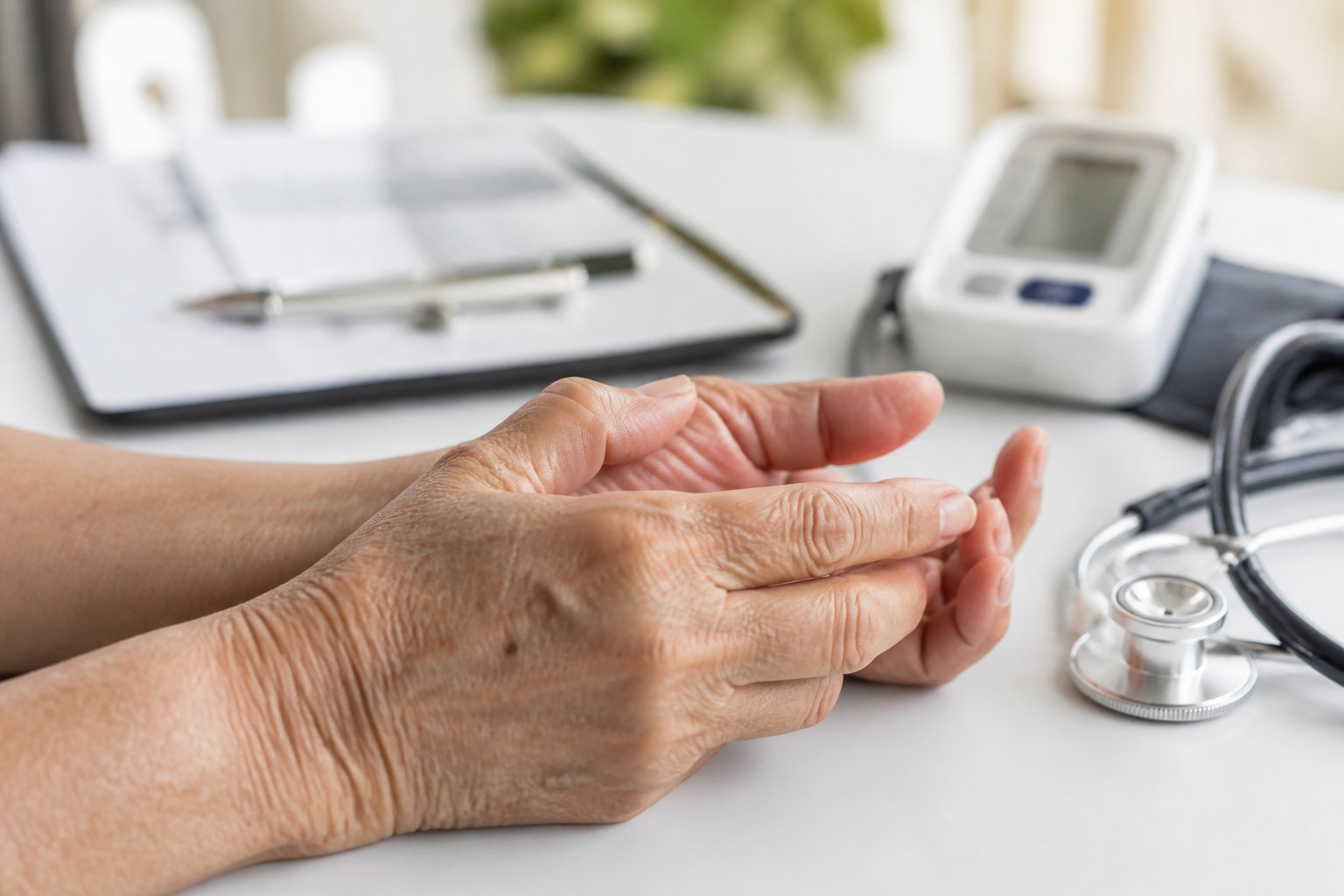 Close-up of a person's hands resting on a medical examination table with medical equipment nearby, suggesting hand weakness evaluation.