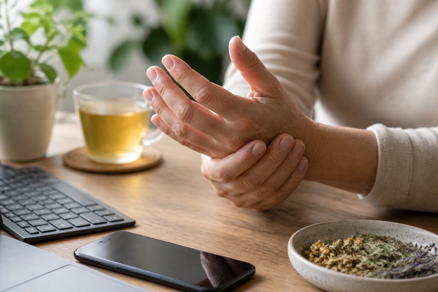 Close-up of a pair of adult hands, one gently supporting the other on a wooden table with a smartphone, keyboard, tea cup, and small plant nearby.