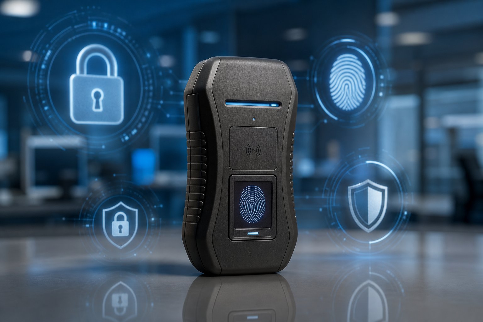 A sleek security device with glowing indicators on a clean surface surrounded by floating holographic security icons.