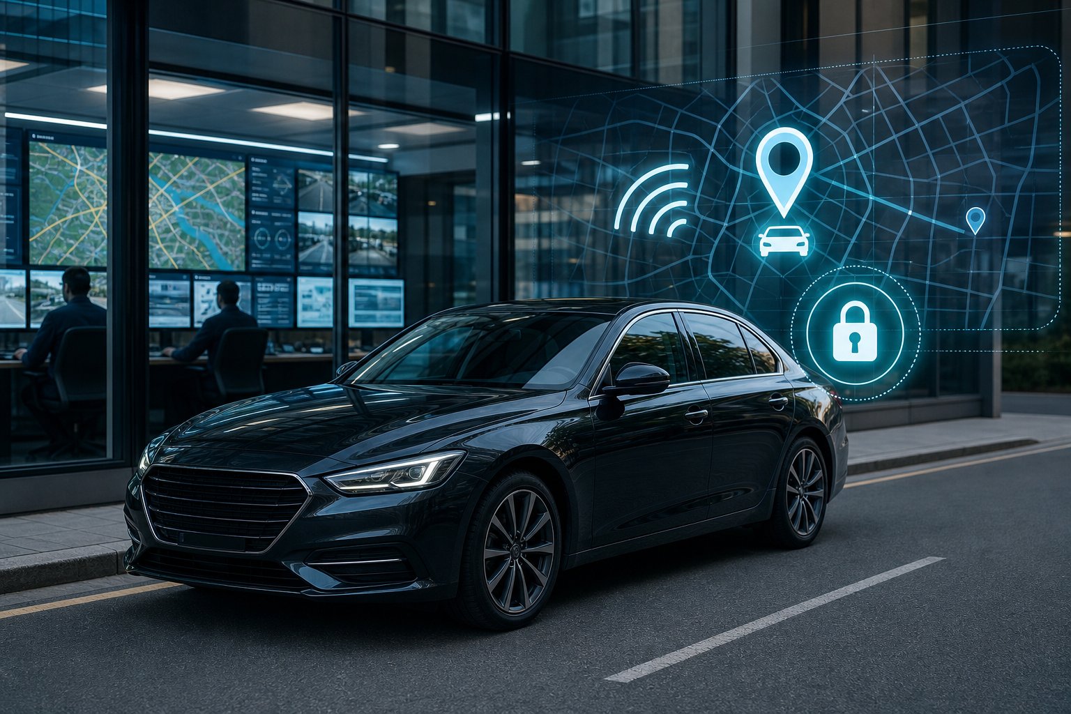 A dark-coloured car parked in a city with digital tracking graphics above it and a control room with screens in the background.