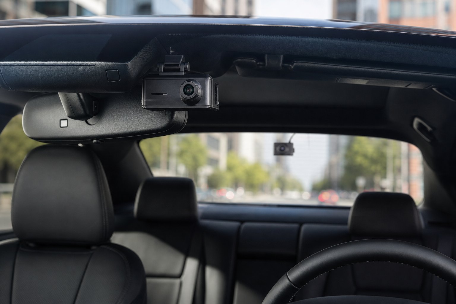 Inside view of a car showing a front dash camera mounted behind the rearview mirror and a rear camera visible through the rear window.