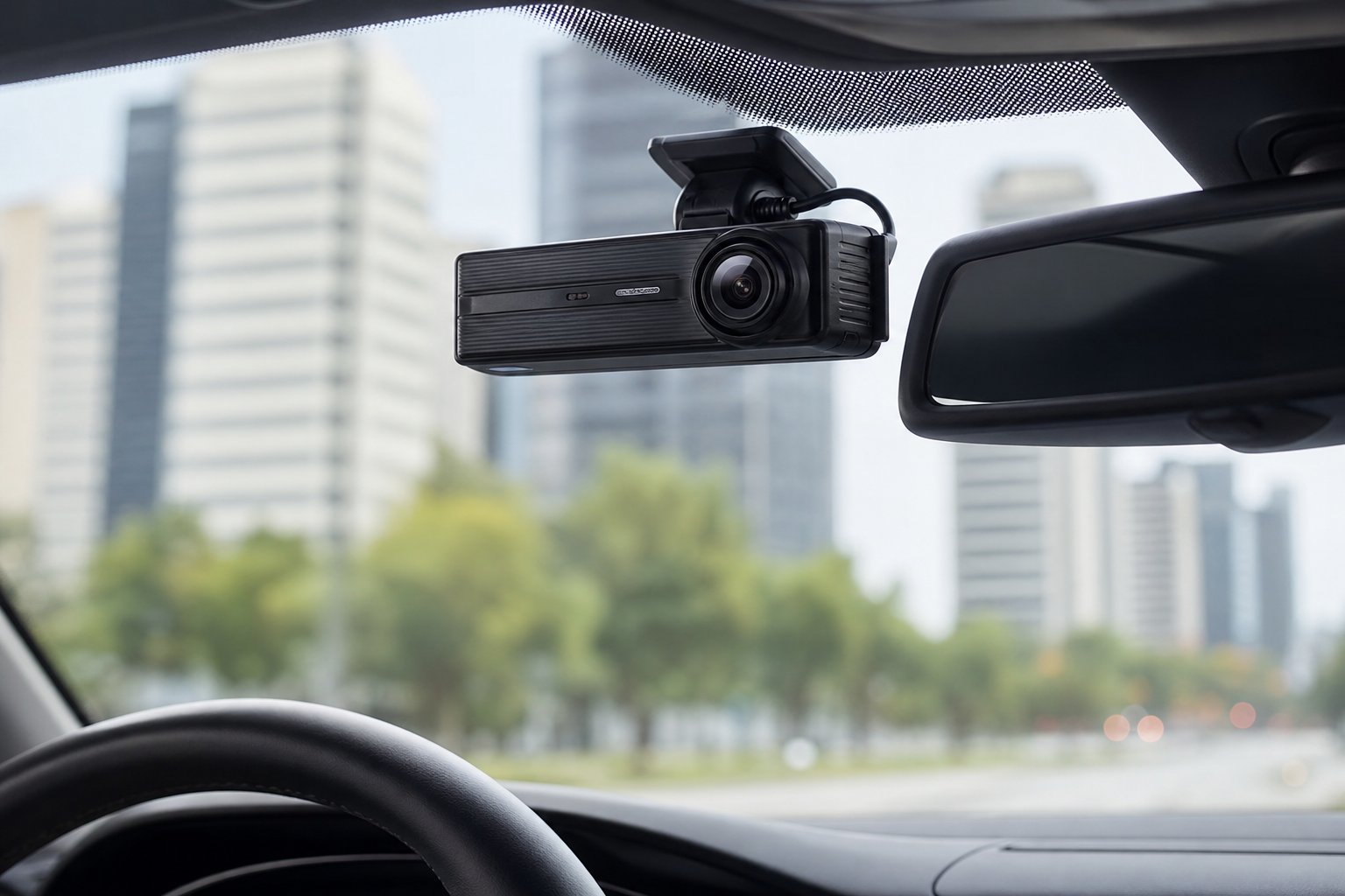 Thinkware U3000 Pro Dash Cam 3 A Thinkware U3000 Pro dash camera mounted on a car windshield with a blurred city view outside.