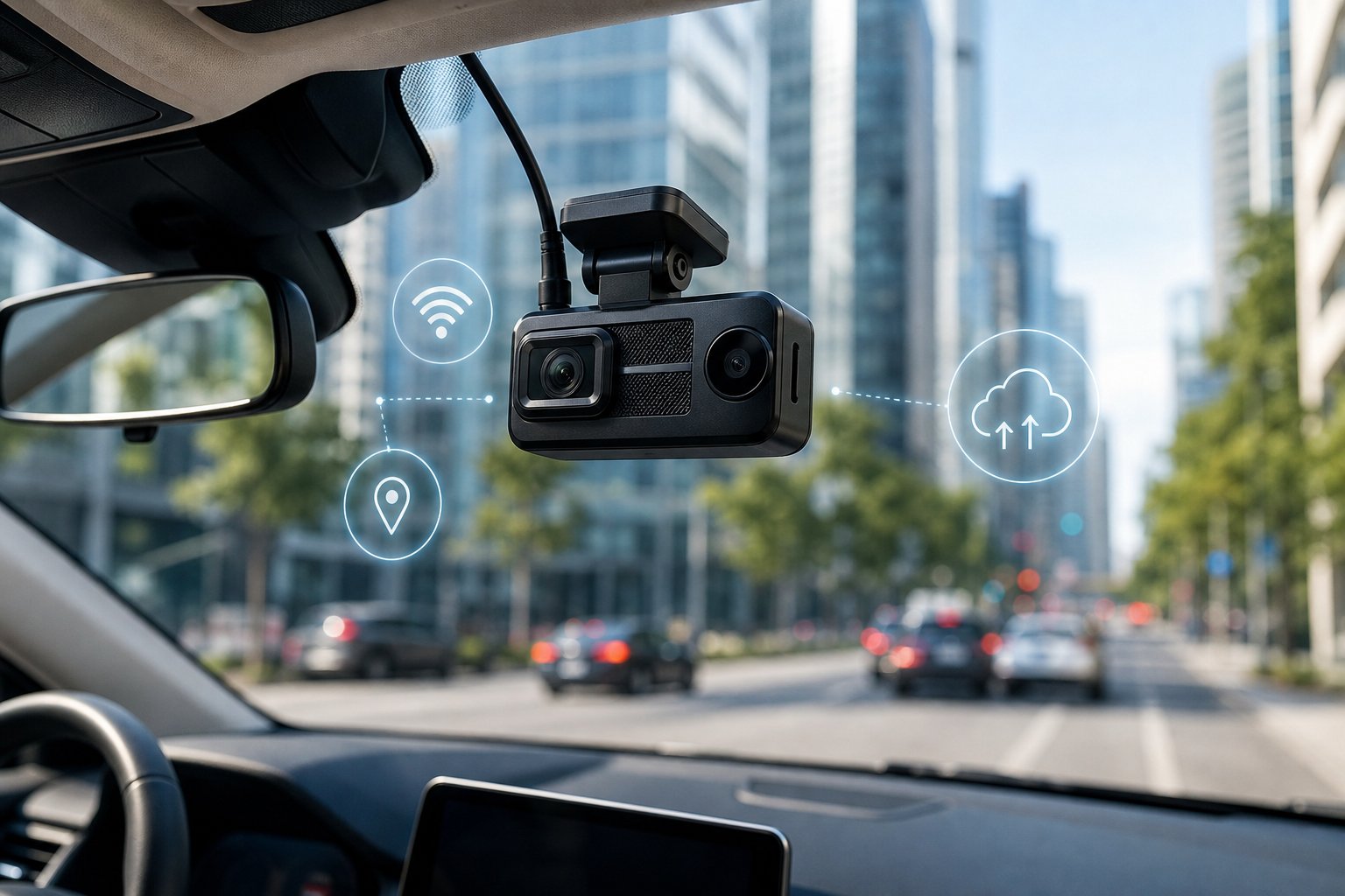 Thinkware U3000 Pro Dash Cam 5 A Thinkware U3000 Pro dash camera mounted on a car windshield with a blurred city street in the background.