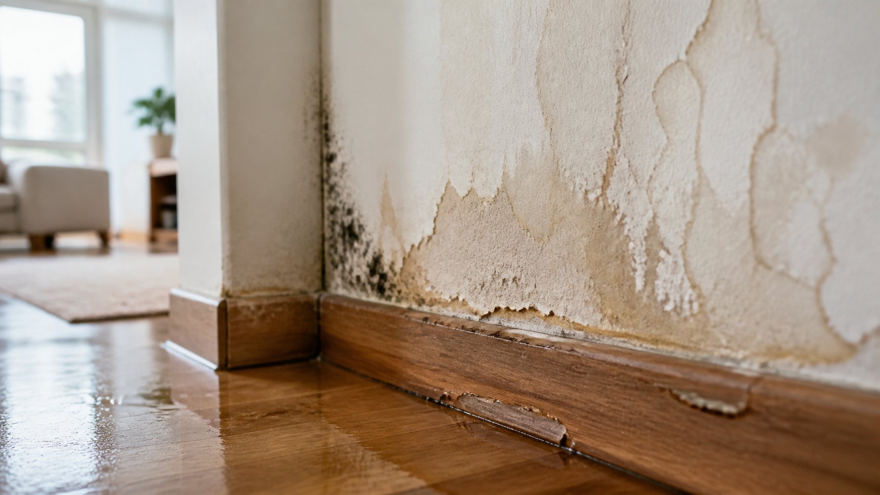 Close-up of a damaged interior wall with water stains, peeling paint, warped baseboards, and mold in a home.