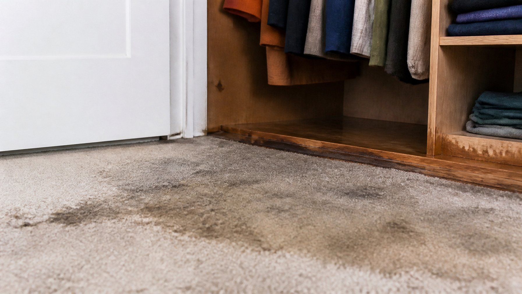 Close-up of a damp carpet and an open closet showing moisture stains and slight mold spots.