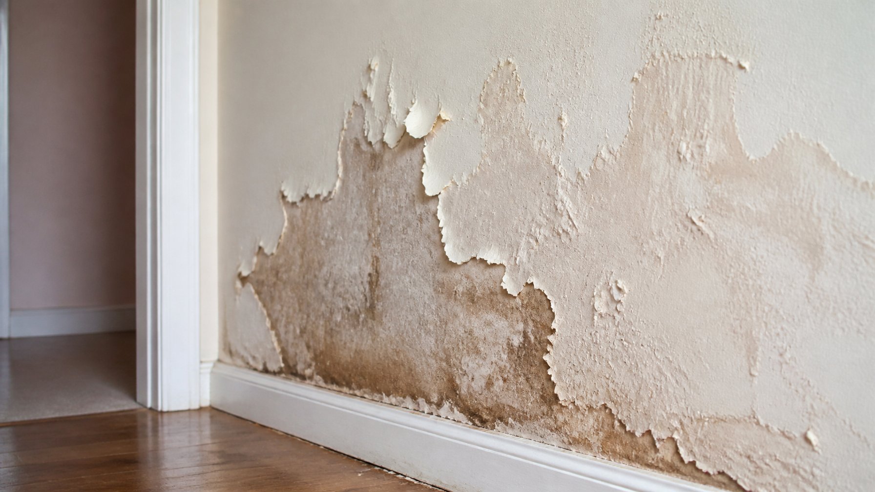 Close-up of an interior wall with peeling paint and bubbling drywall caused by water damage.