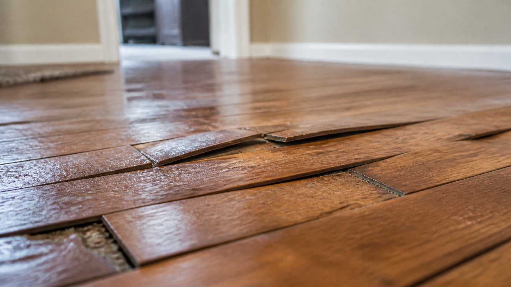 Close-up of a hardwood floor with warped and buckling wooden planks due to water damage.