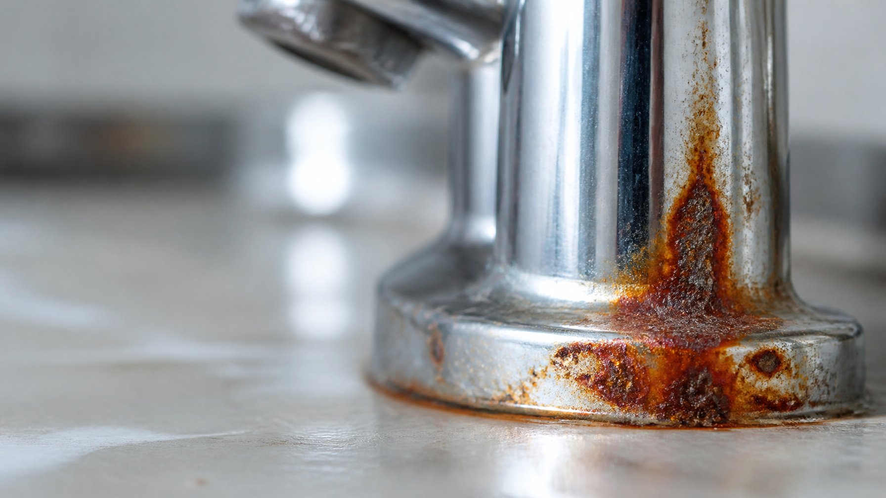 Close-up of rust stains on a metal fixture indicating water damage.