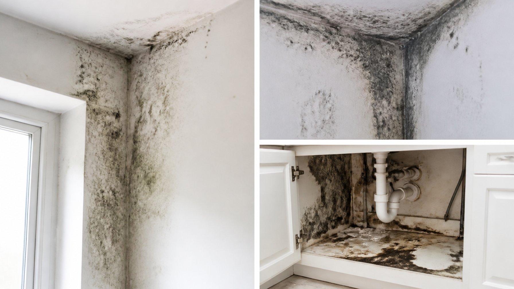 Interior view showing mold spots on walls, ceiling corners, and under a kitchen sink with visible water damage.