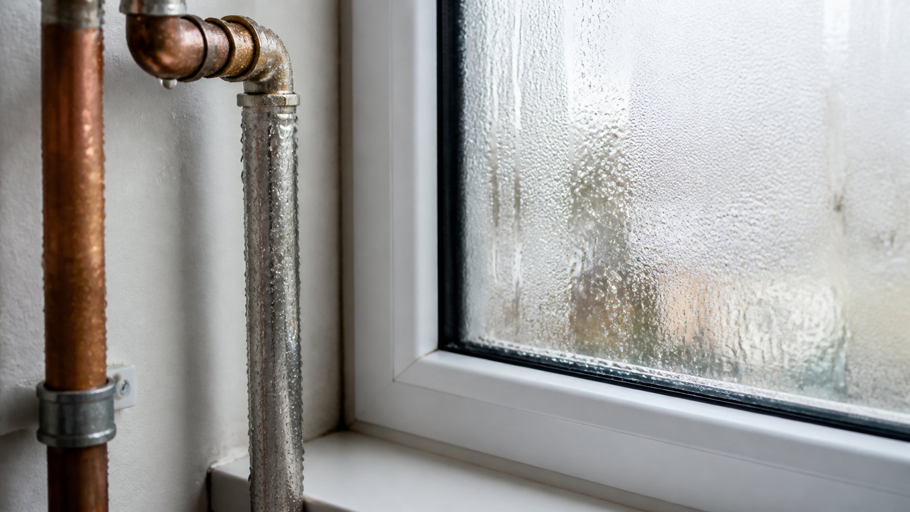 Close-up of a window and interior pipes covered in condensation inside a home.