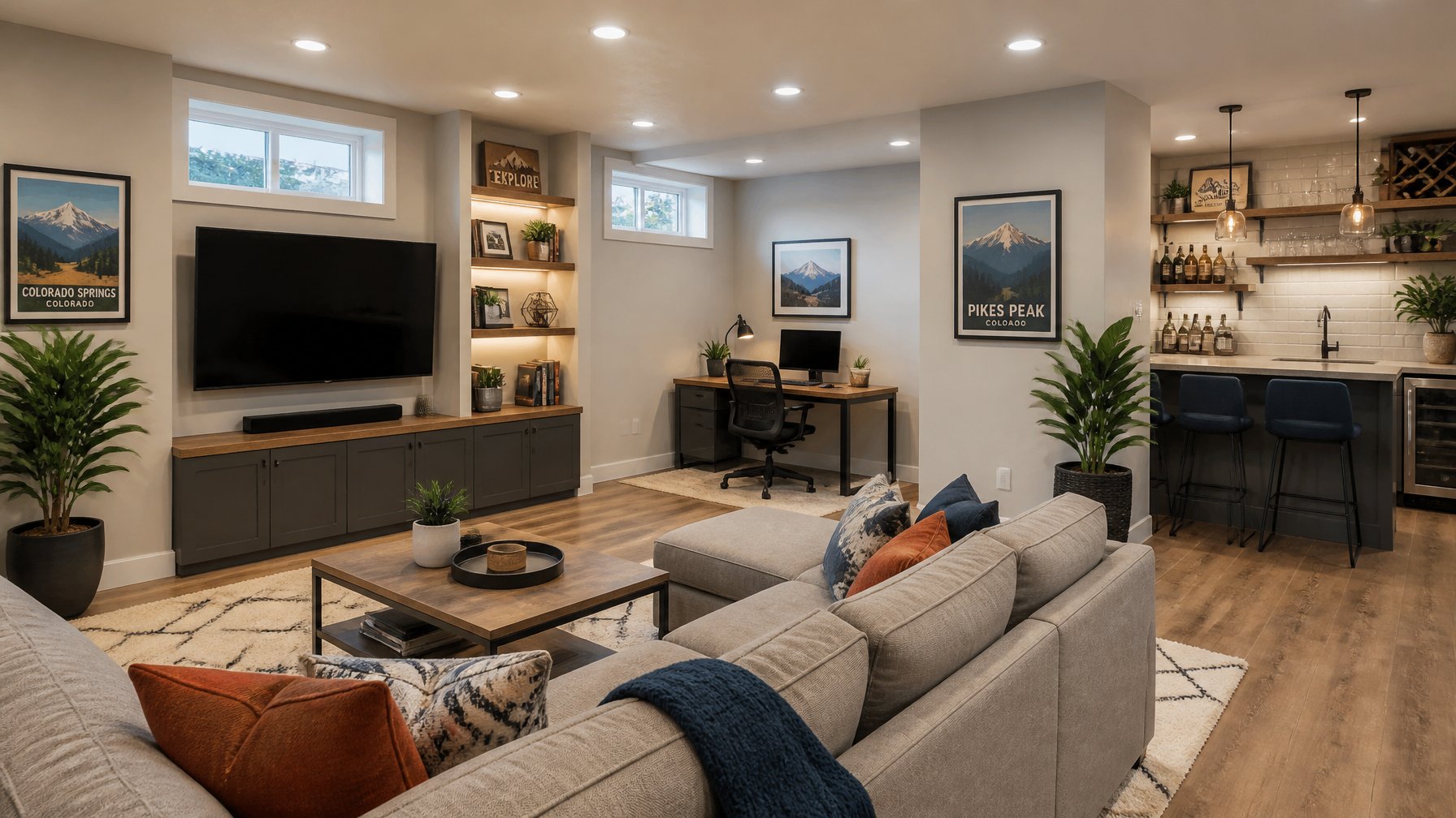 A finished basement in a Colorado Springs home featuring a cozy living area, home office nook, wet bar, and decorative shelving with natural light and plants.