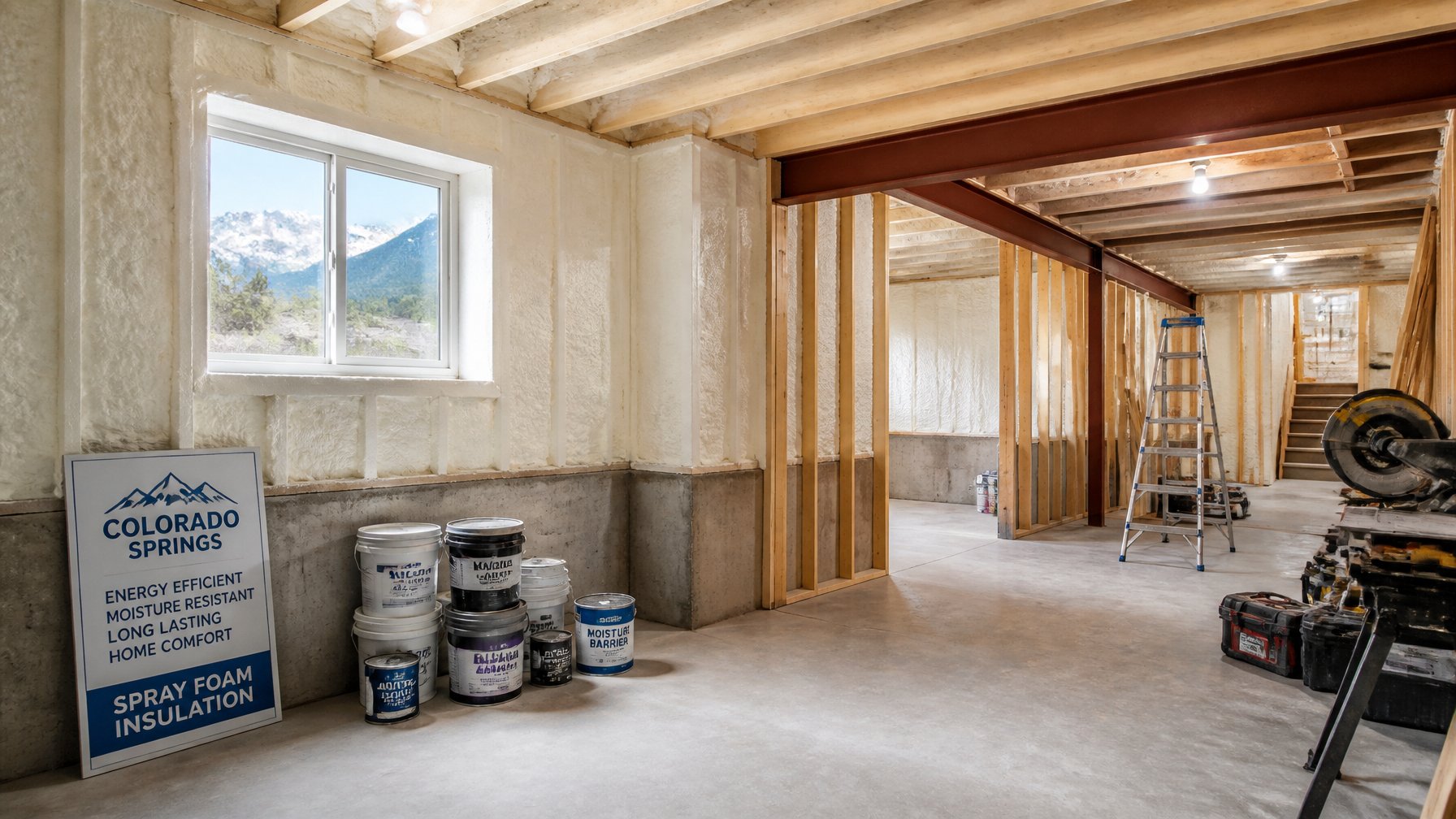 A basement with moisture-resistant closed-cell spray foam insulation applied to the walls and ceiling, showing a partially finished space with construction tools and natural light coming through a window.