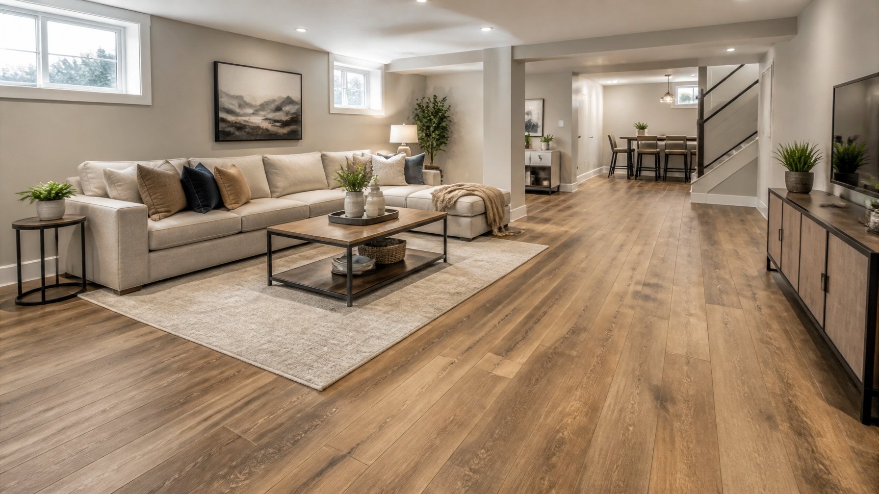 A bright basement living area with wood-look vinyl plank flooring, modern furniture, and natural light coming through windows.