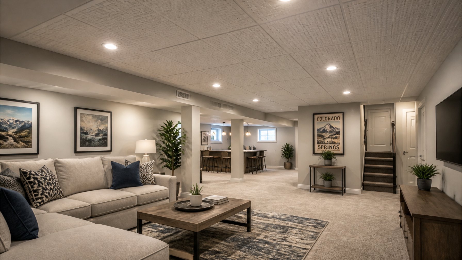 A finished basement with textured acoustical ceiling panels, cozy seating area, and recessed lighting.
