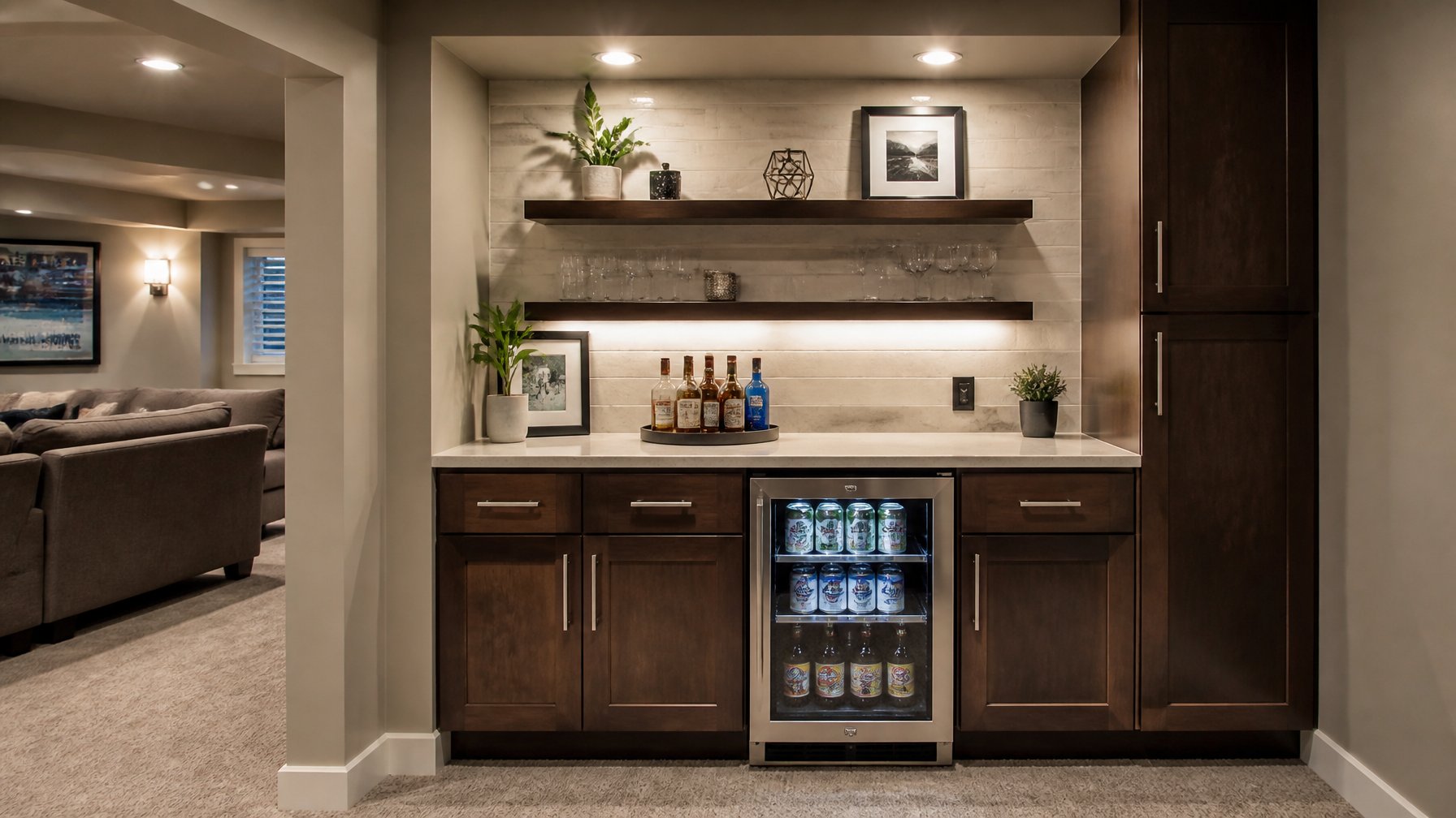Built-in dry bar with quartz countertop and beverage fridge in a finished basement.