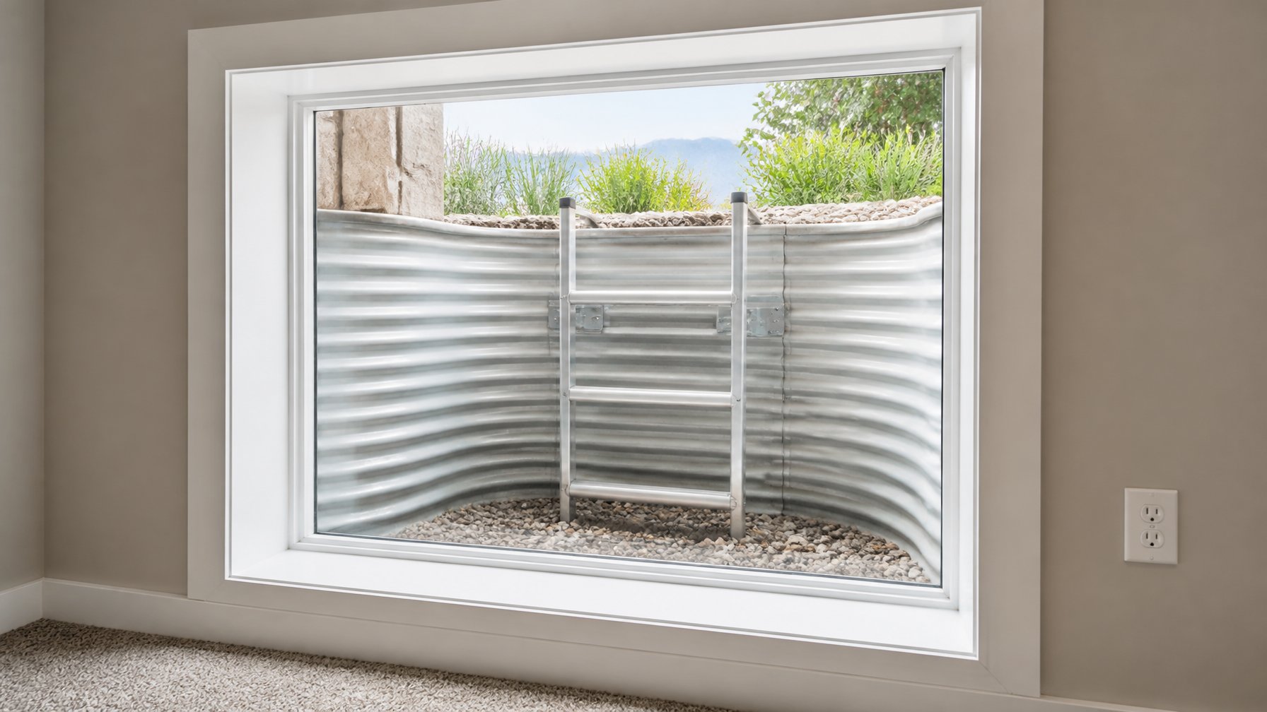 An egress window well with a secure escape ladder attached inside, showing part of a finished basement wall and outdoor landscaping.