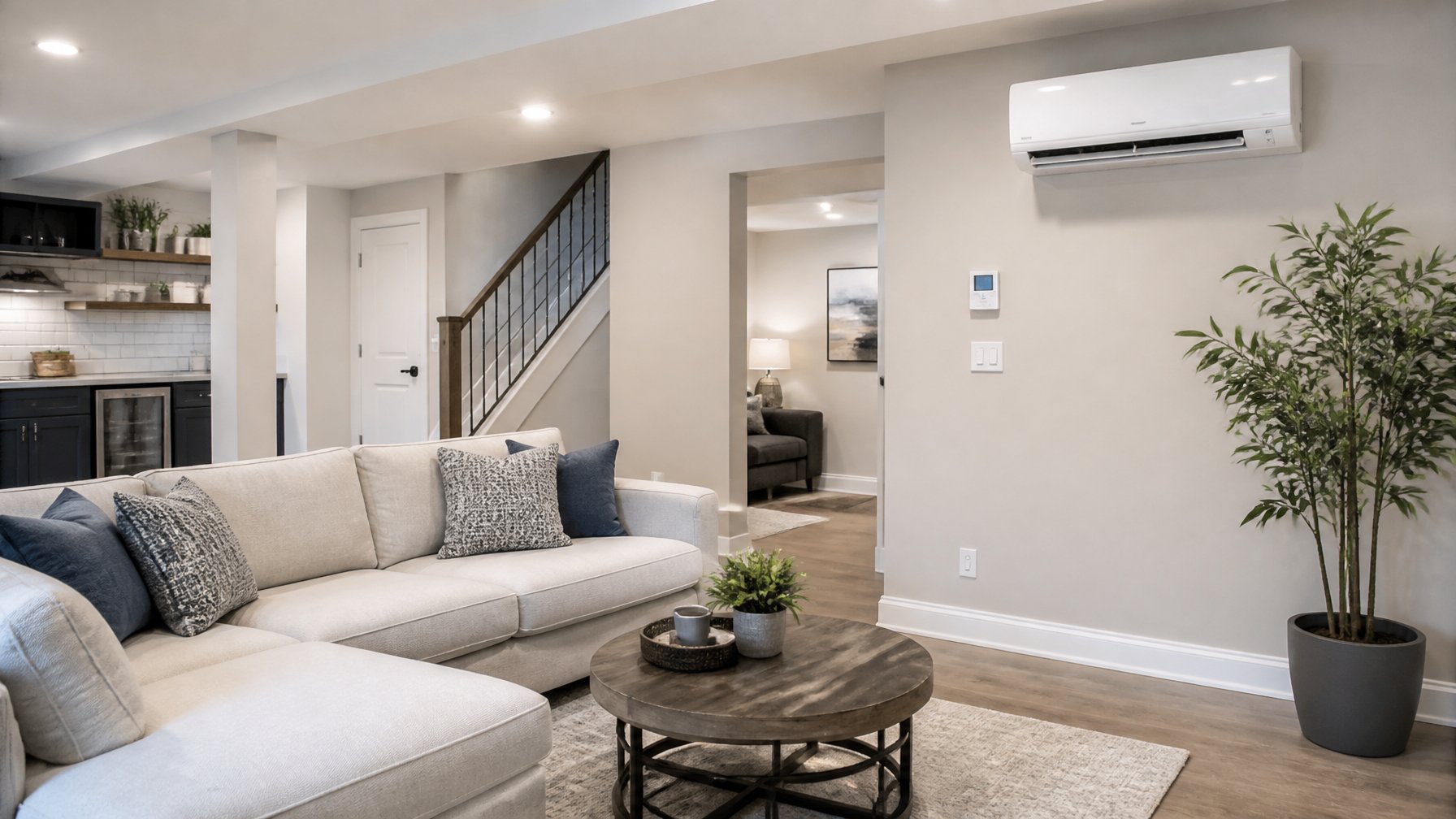 Finished basement with a wall-mounted mini-split heat pump unit, comfortable seating, and modern decor.