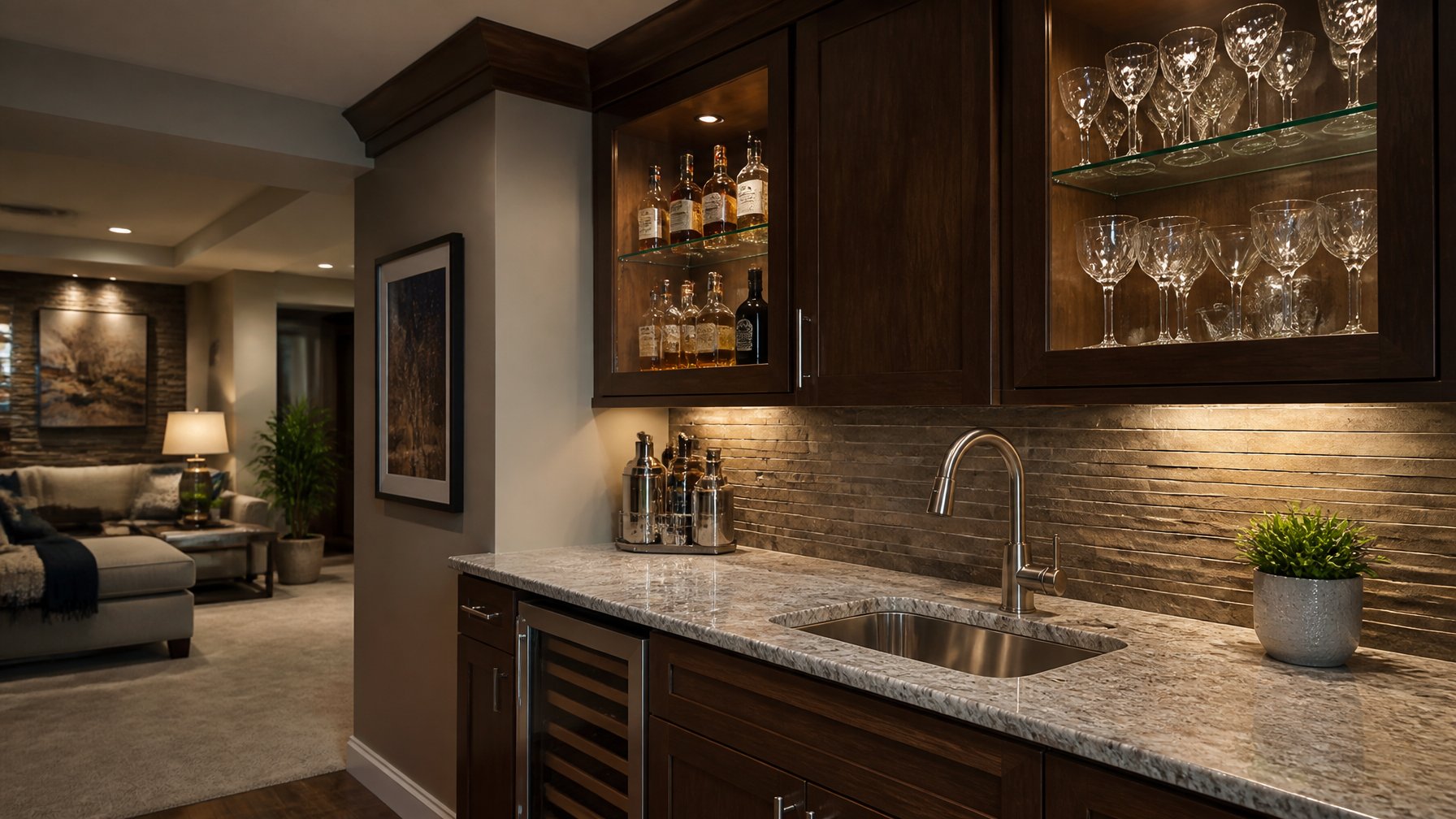 A custom wet bar in a basement with an undermount sink, glass-door cabinets filled with glassware, and warm lighting.
