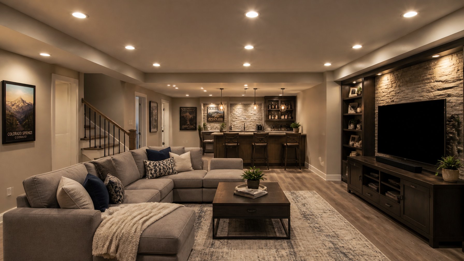 A finished basement with recessed can lighting and dimmer zones, featuring warm LED bulbs illuminating a comfortable living area with furniture and neutral walls.