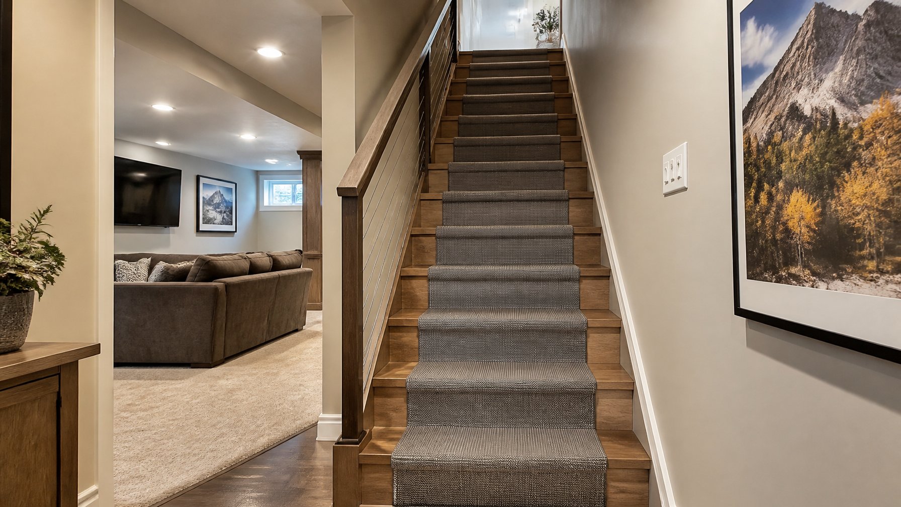 A basement staircase with a durable modular composite stair runner in a finished basement setting.