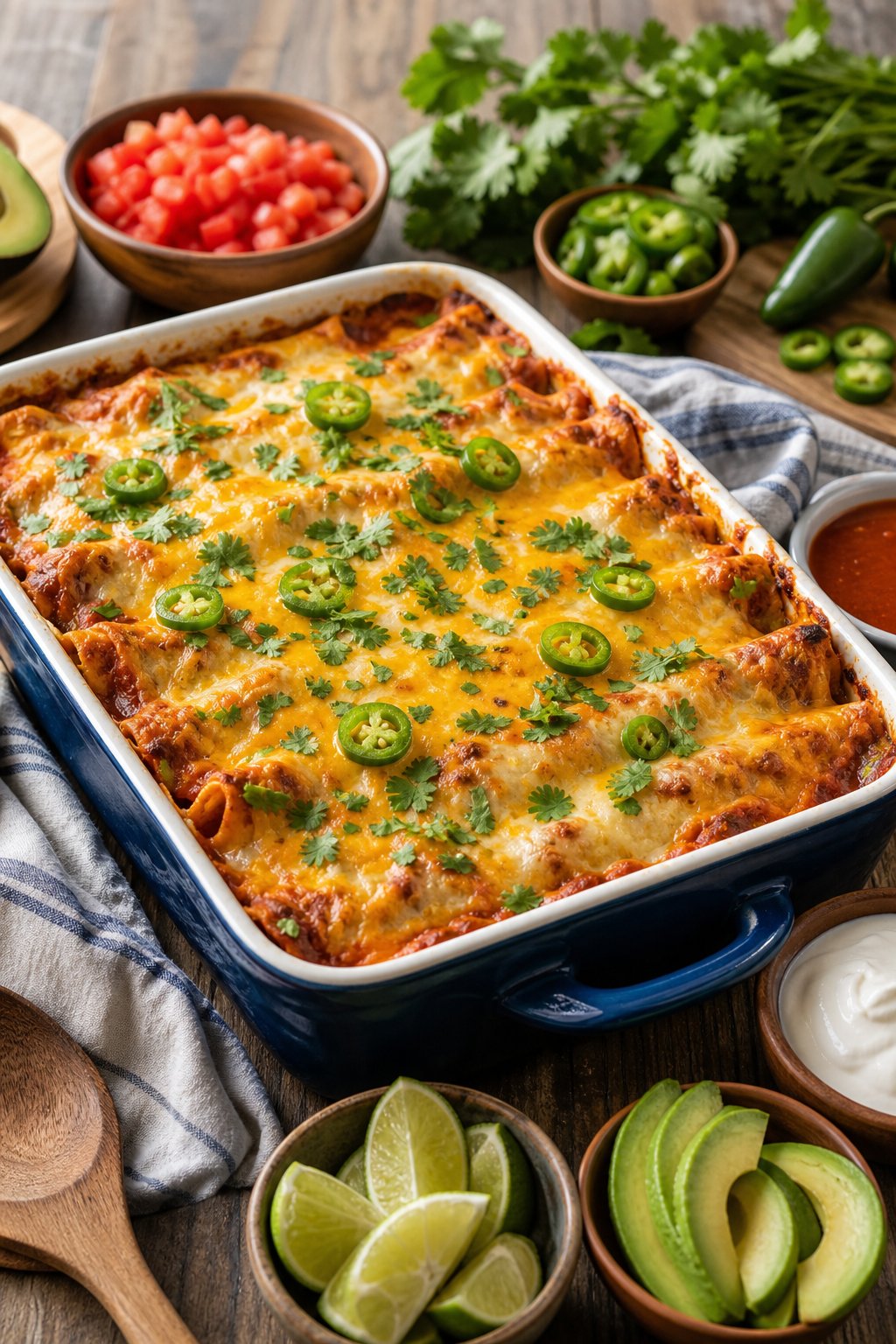 A large baked enchilada casserole with bubbling melted cheese and fresh cilantro garnish on a wooden table, surrounded by small bowls of toppings.