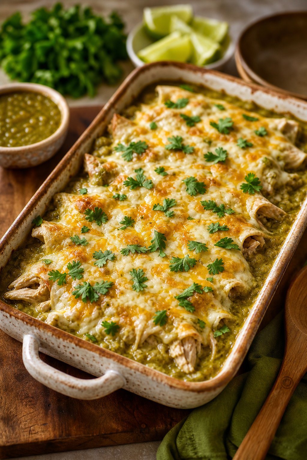 A freshly baked salsa verde chicken enchilada casserole in a white ceramic dish, garnished with fresh cilantro, with lime wedges and a small bowl of bright green salsa verde on the counter beside it.
