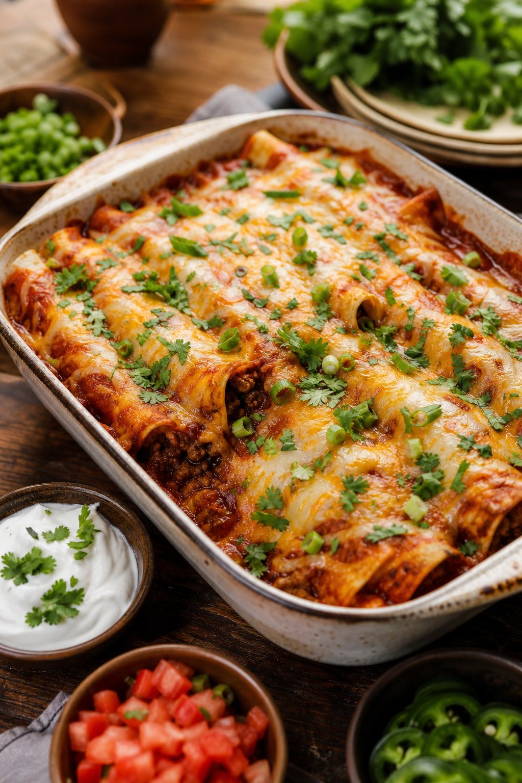 A baked dish of ground beef enchiladas blanketed in bubbling red sauce and melted cheese, garnished with cilantro and sliced green onions, with small bowls of sour cream, tomatoes, and jalapeños visible on the wooden table.