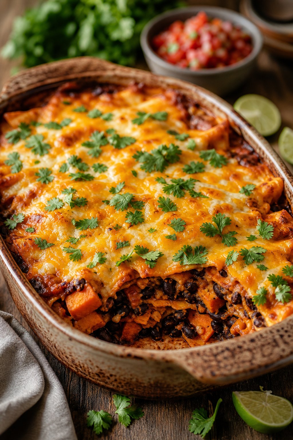 A baked black bean and sweet potato enchilada casserole in a terracotta-style ceramic dish, with visible orange sweet potato chunks and black beans beneath the browned cheese, with lime wedges and fresh cilantro alongside.