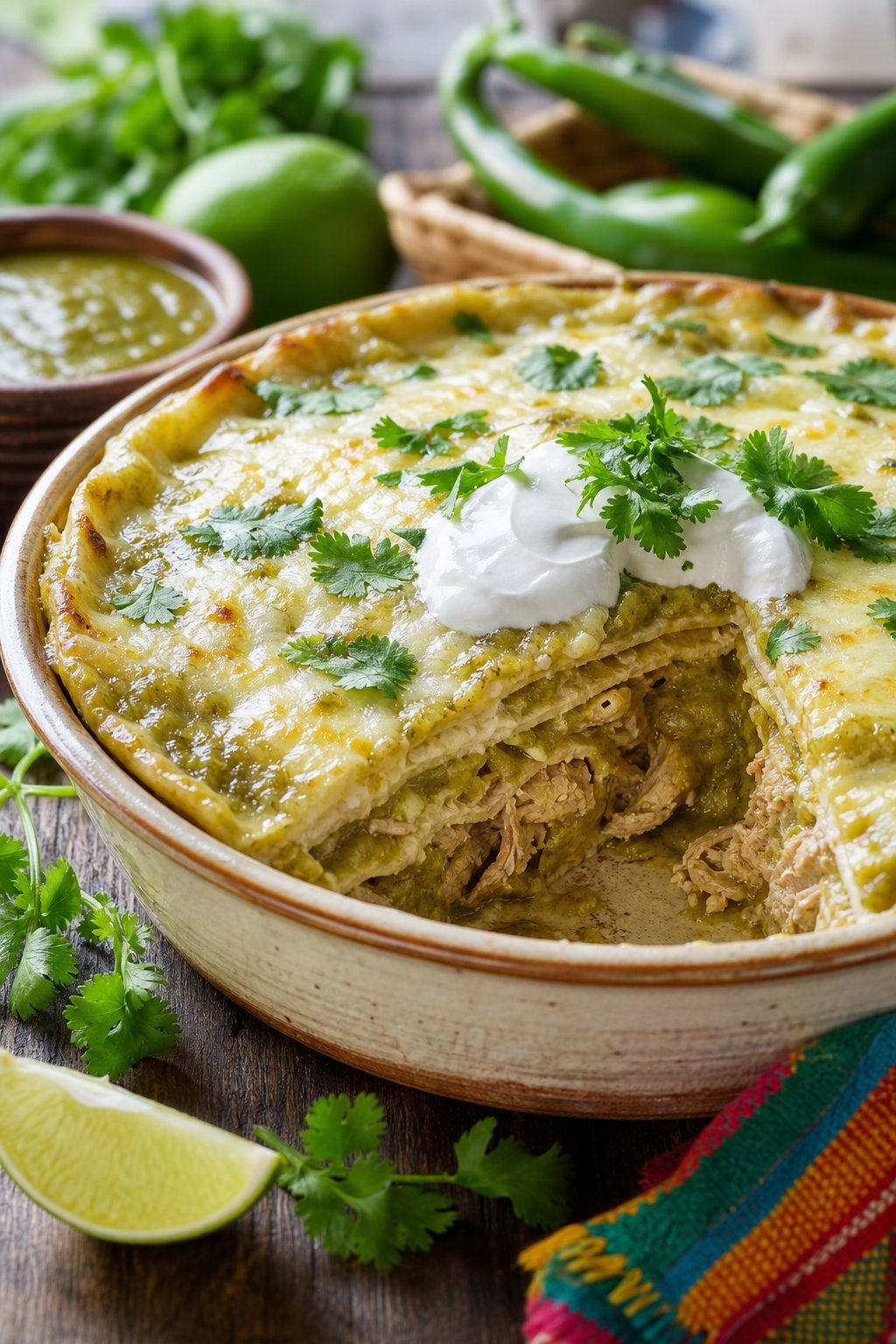A sliced creamy green chile pork enchilada pie in a round baking dish, topped with a white sour cream drizzle and fresh cilantro, with roasted green chiles and lime wedges on the wooden table.